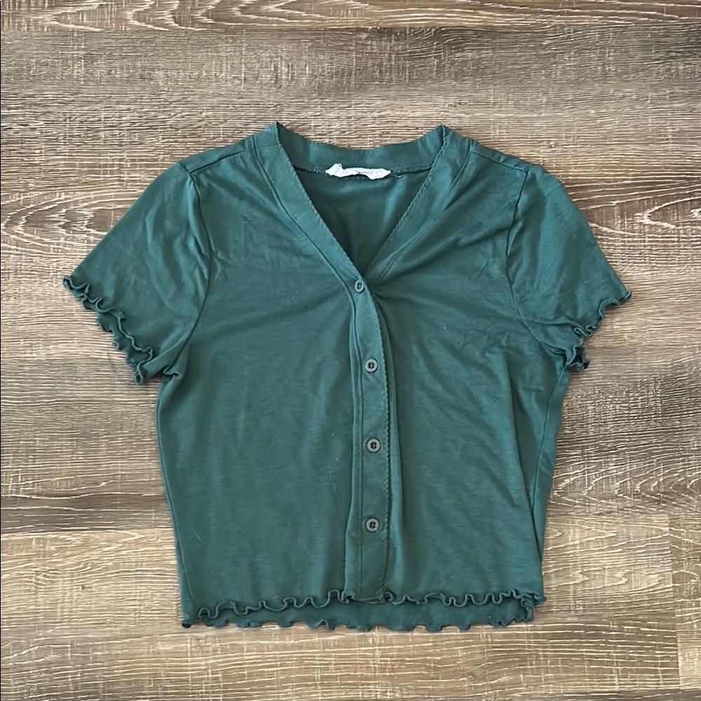 Double Zero Green Button-Down Ruffle Top